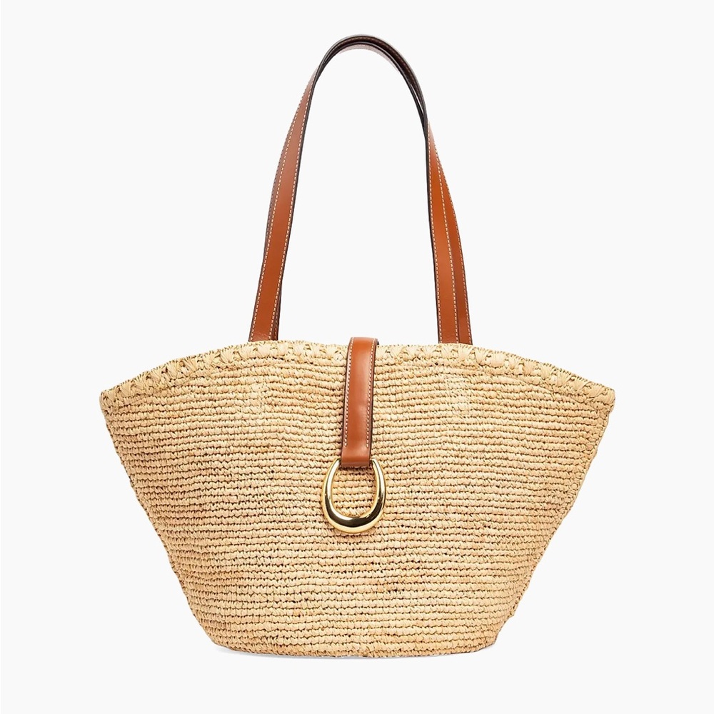 STAUD Natural Woven Straw Tote Tan Leather Straps Rattan summer handbag TRENDING